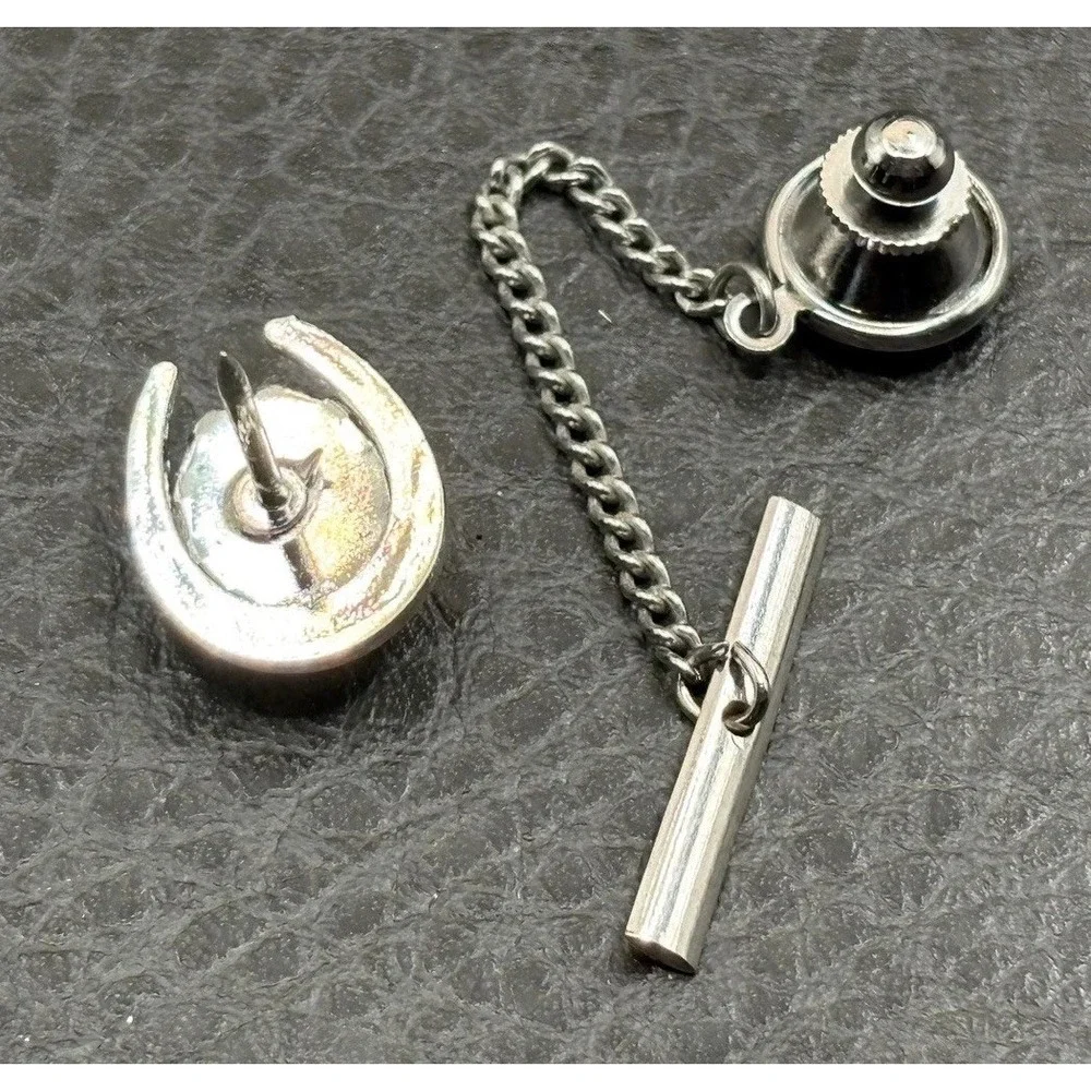 Vintage Horseshoe Goldstone Glitter Cabochon Equestrian Tie Tack Silver Tone
